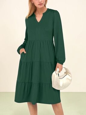 UVN Green Midi Dress 2XL Long Sleeve Tiered Flowy Dress w Pockets Fall NWT